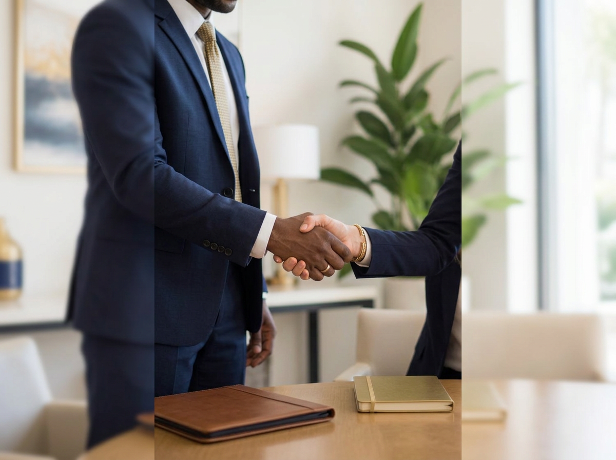 Two professionals shaking hands during a sponsorship meeting